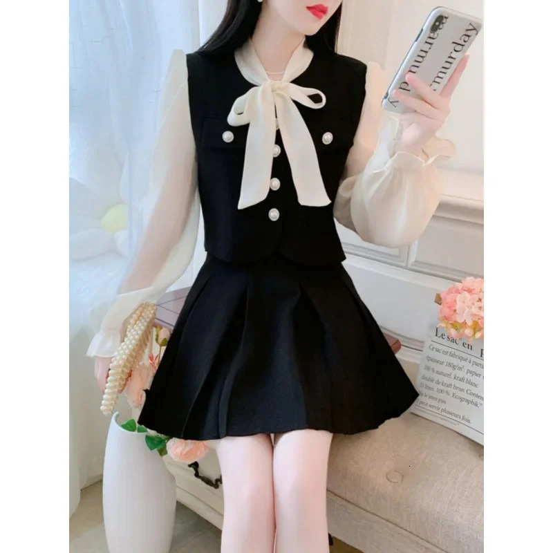 Spring and summer French style social suit dress two pieces of coarse tweed bow tie shirt high waisted mini for women 241211