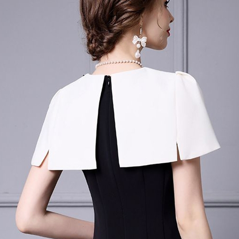 OC 120M68 Women's Casual Dresses Short Sleeved Commuting Dress Autumn Black and White Patchwork Flower High Waist Skirt