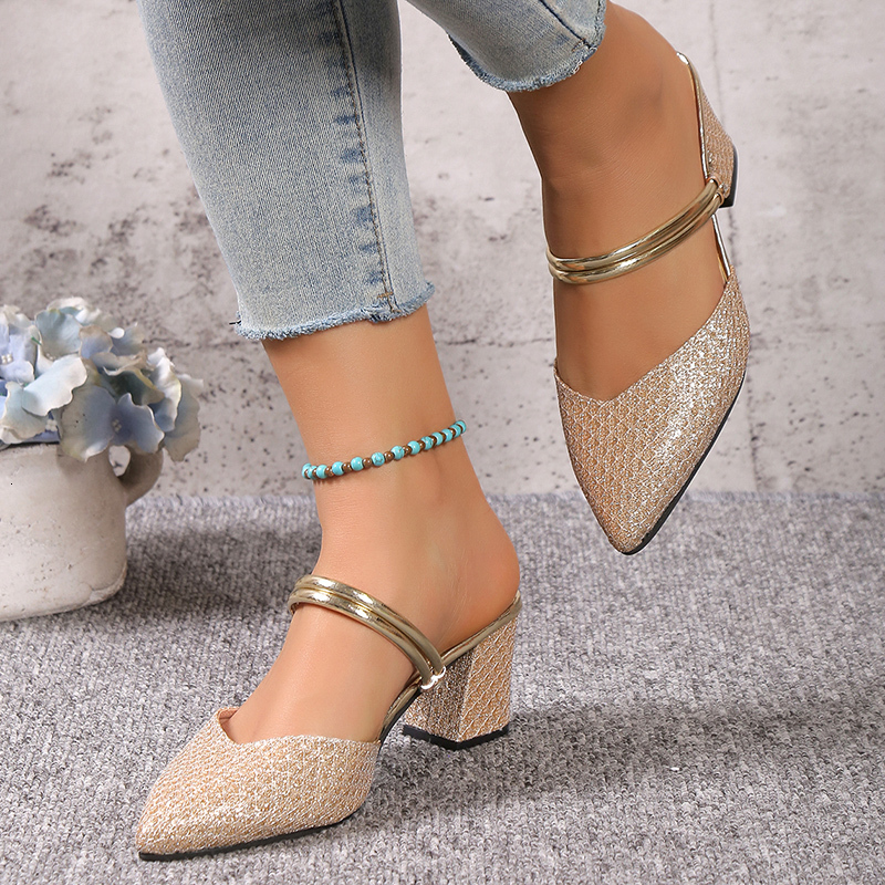 Gold Sier Bg High Heel Pumps Women Fashion Back Strap Slip-On Party Woman Pointed Toe Sgbacks Thick-Heeled Shoes