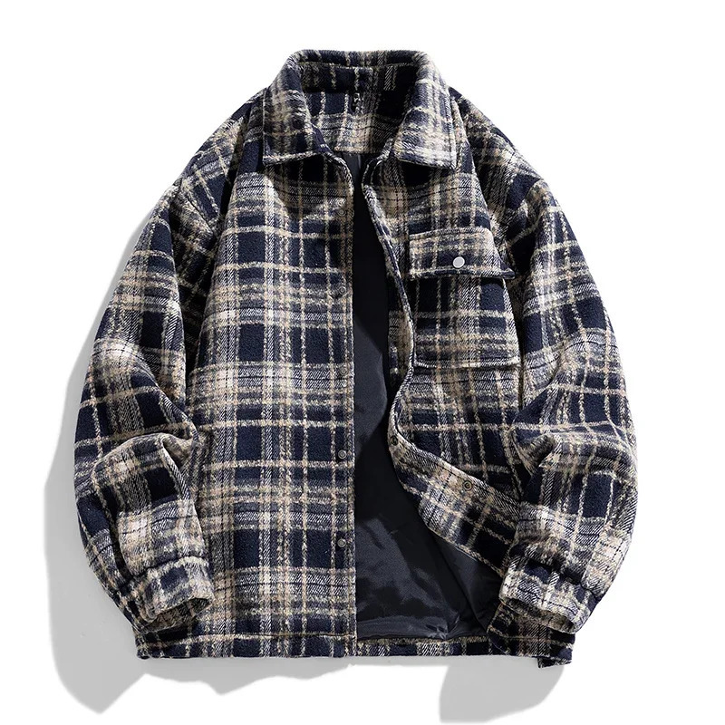 American Vintage Mens Plaid Fleece Lined Jacket Thick Warm Cargo Jackets for Men Winter Coats Autumn Fleece Windbreaker Parkas 241220