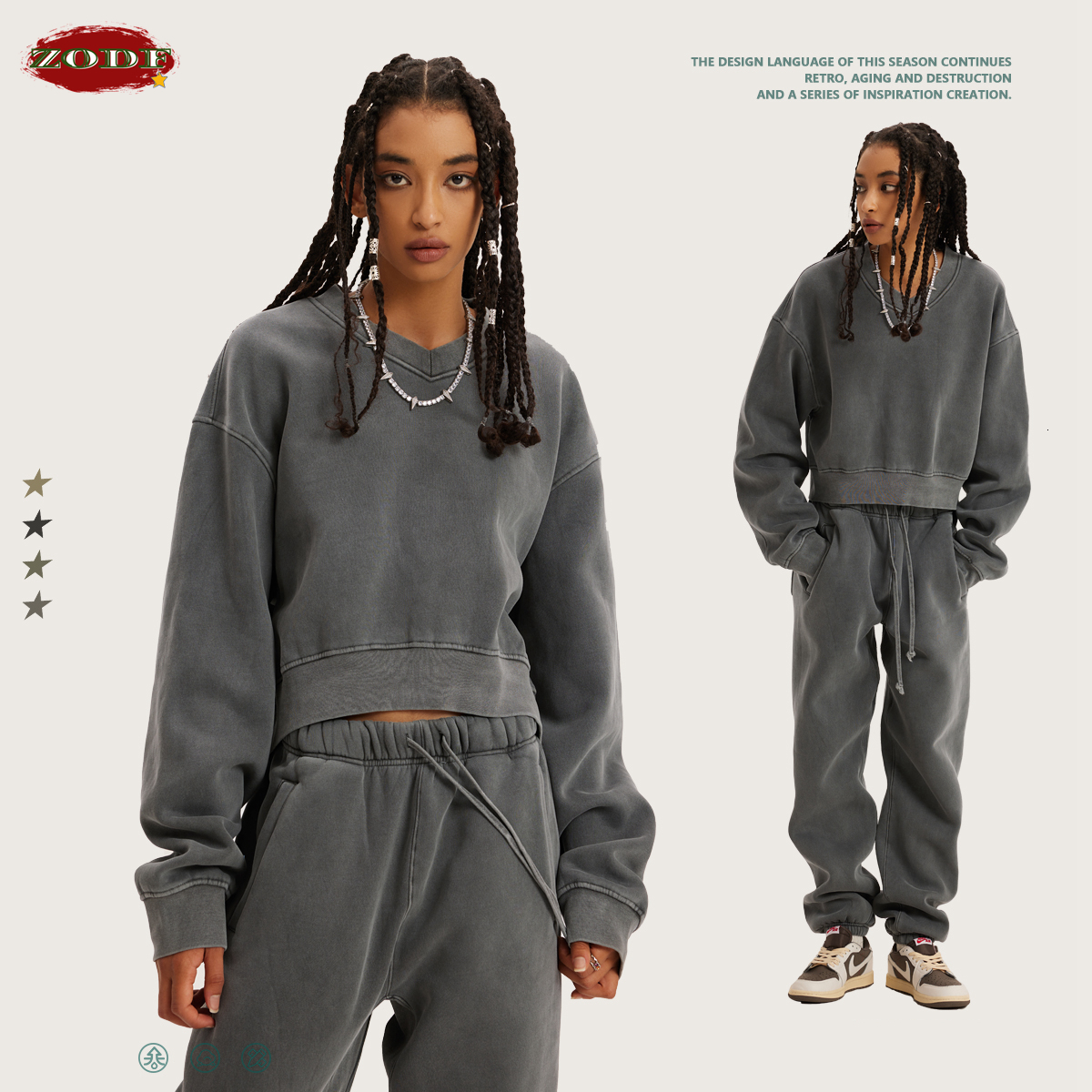 ZODF 2023 Winter Women Short Fleece Cropped Sweatshirts Girls Female Hip Hop Loose 380Gsm V-Neck Pullovers Brand Tops Hy0437