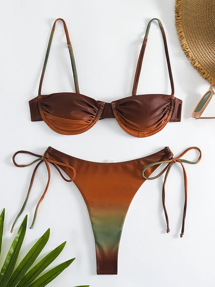 Fashion Pleated Drawstring Beach Wear Summer Bow Bikini 2-piece Swimsuit Swimsuit Women's Sexy Gradient Bikini Designer Set
