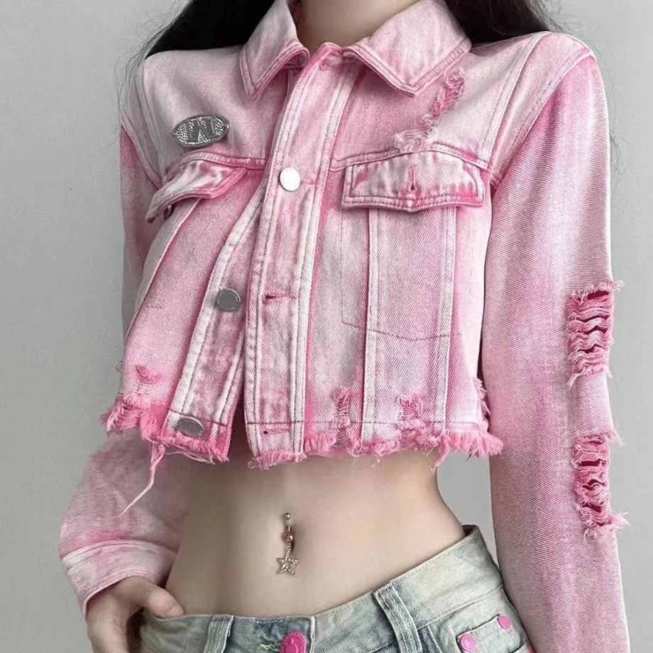 Womens short pink ripped denim jacket jeans top 241219
