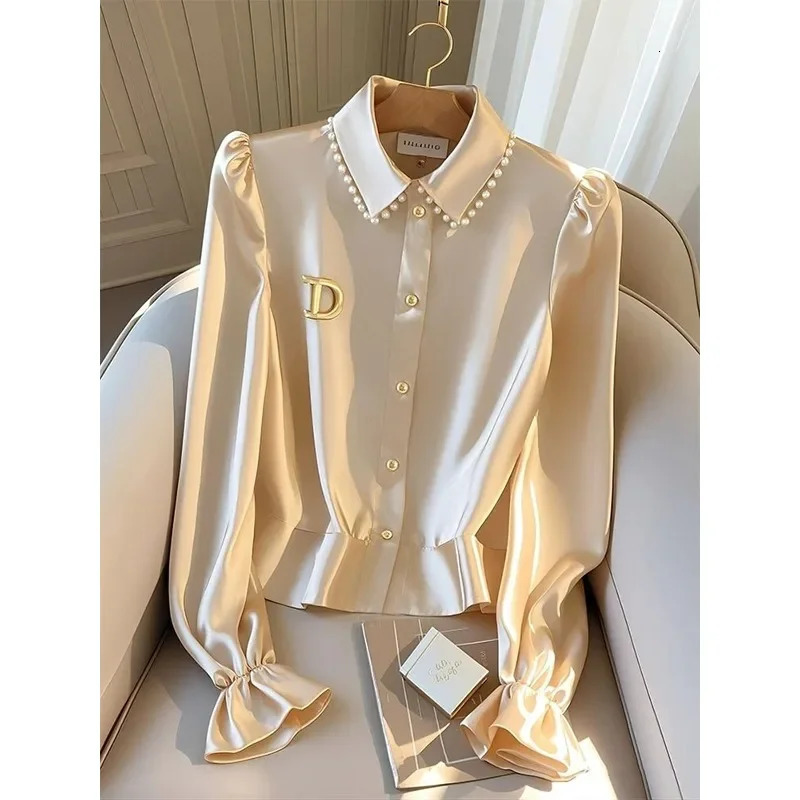 Satin Casual Womens Blouses SpringSummer Solid Korean Shirts Slim Fit Long Sleeves Top Women Clothing Sales 241218