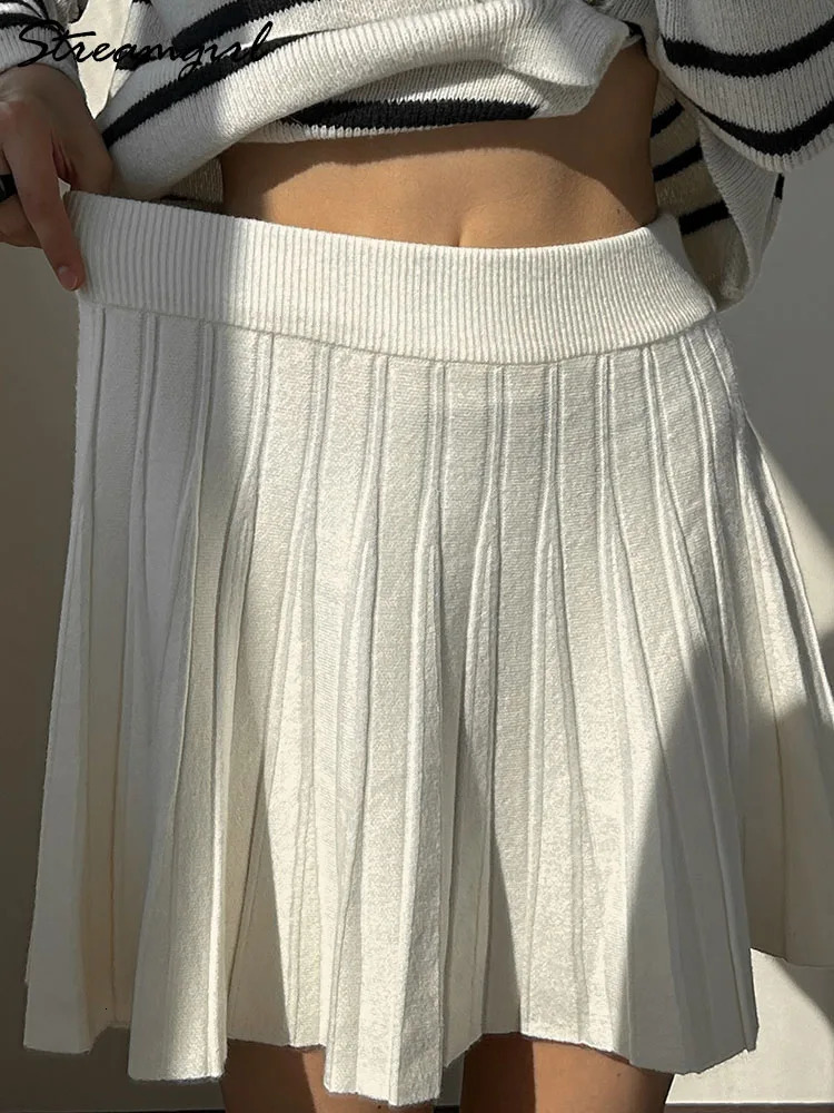 Knit Black Mini Pleated Skirts For Women A Line Winter Short Skirt Lady Gray High Waist Knitted White 241217