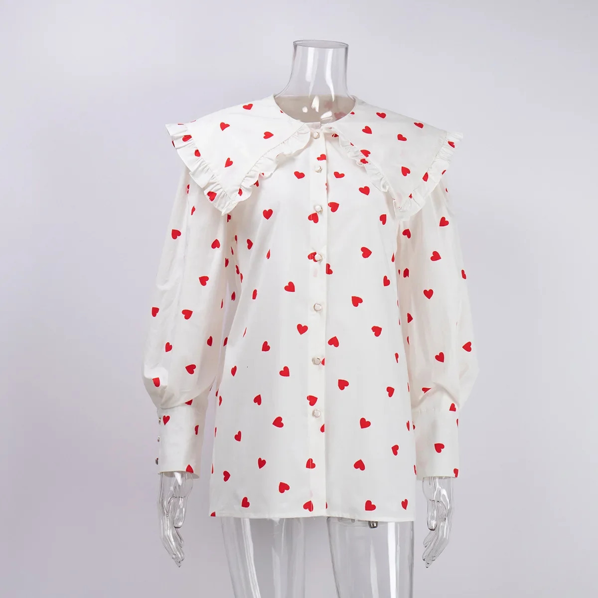 Wolfeel Big Peter Pan Collar Ruffle Womens Blouse Heart Print Long Sleeve Cotton Shirts Tops Female Spring Summer Frill Shirt 241218