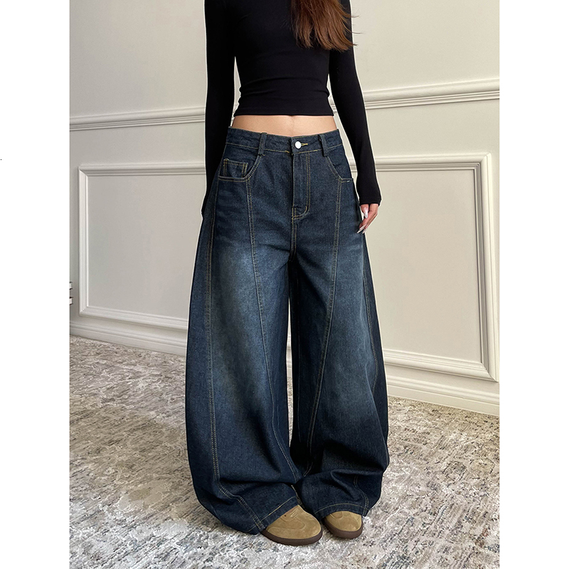 Blue Women's Retro Y2k 2000S Wide Leg Baggy Casual Denim Trouser High Waist Loose Jeans Autumn Haruku Full Length Pants