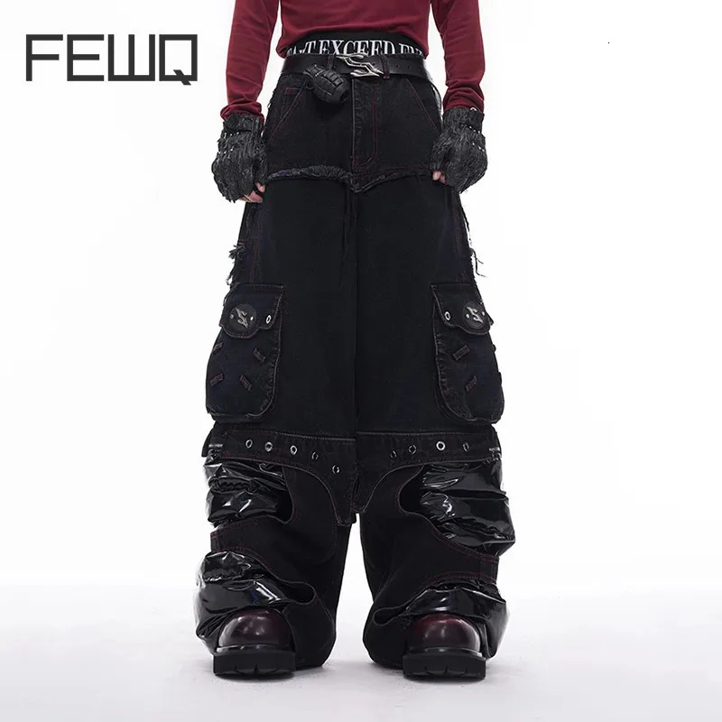 FEWQ Pants Leg Splicing PU Leather Mens Jeans Autumn Winter Straight Legs Darkwear Korea Fashion Male Trousers 24E5611 241219