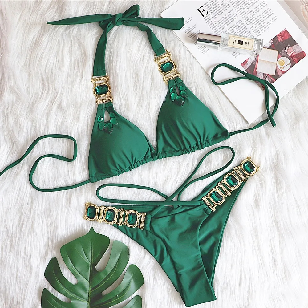 Sexy Bikini Women's Green Push Up Sparkling 3-piece Women's Swimsuit Chain Metal Swimsuit