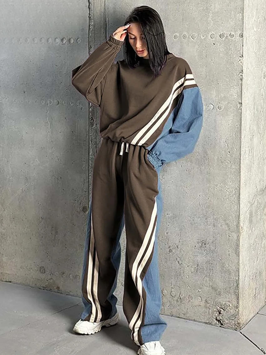 Casual Blue Patchwork Sets For Women 2 Pieces O-Neck Long Sleeve Blouse And Drawstring Straight Sweatpants Set Streetwear