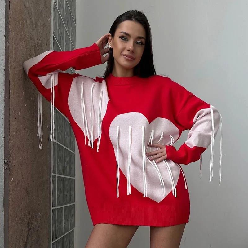 Talenza Heart Print O-Neck Long Sleeve Pullover Casual Knitted Tassel Sweater Loose Women's Streetwear