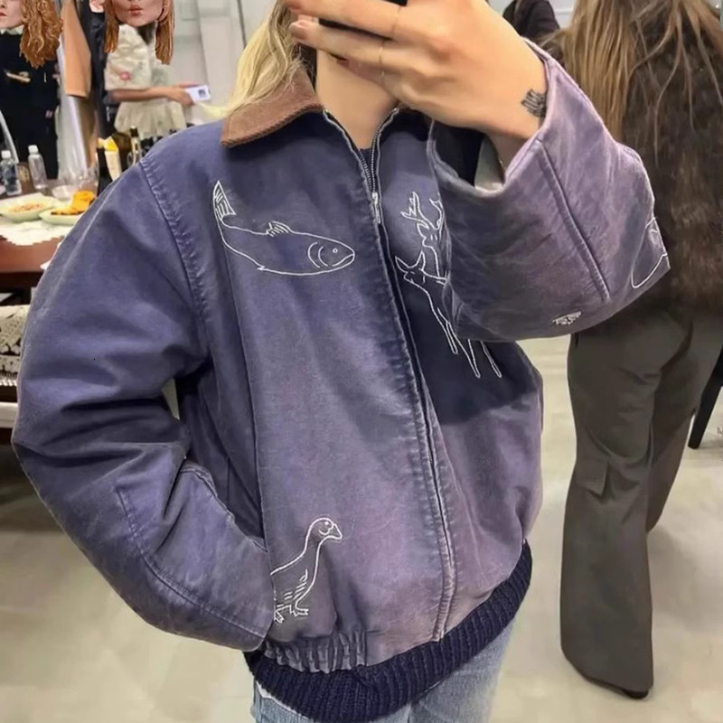 Distressed Embroidered Corduroy Lapel Collar Jacket Single Breasted Long Sleeve Casual Winter Clothes Women