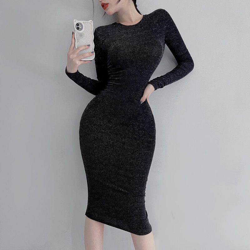 S720 women's outdoor skirt French bright silk slim dress that covers the hips