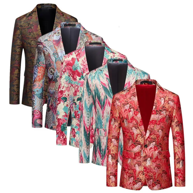 Men Jacquard Suit Fashion y Party Stage Wedding Dress Coats Red Slim Fit Blazer Jacket 241218