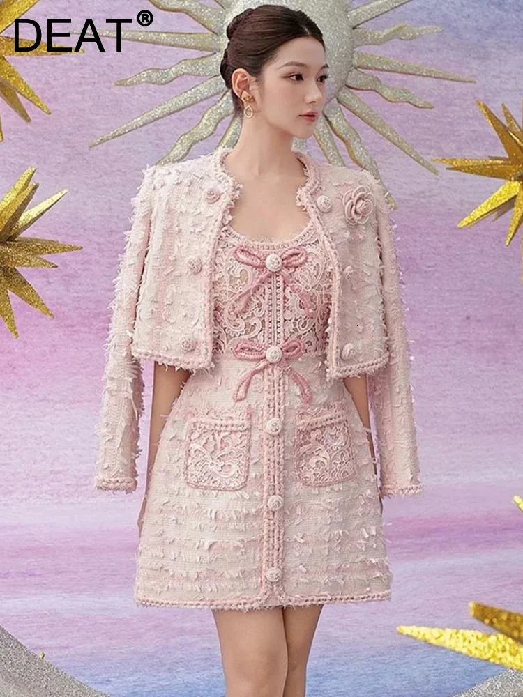 DEAT Elegant 2piece Set 3D Floral Coarse Felt Short Coat Sliding Bow Aline Dress Party 2025 Spring Style 35Z1414 241211