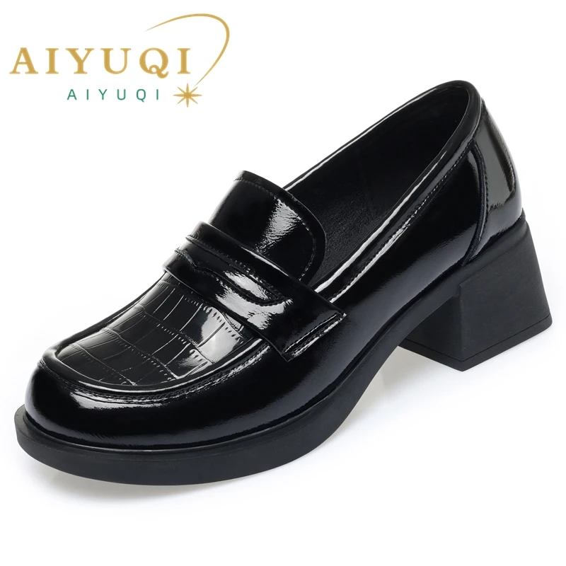 Women Loafers Non-slip Thick Heel Casual British Women Spring Shoes Lace-up Genuine Leather Women Shoes Medium Heel