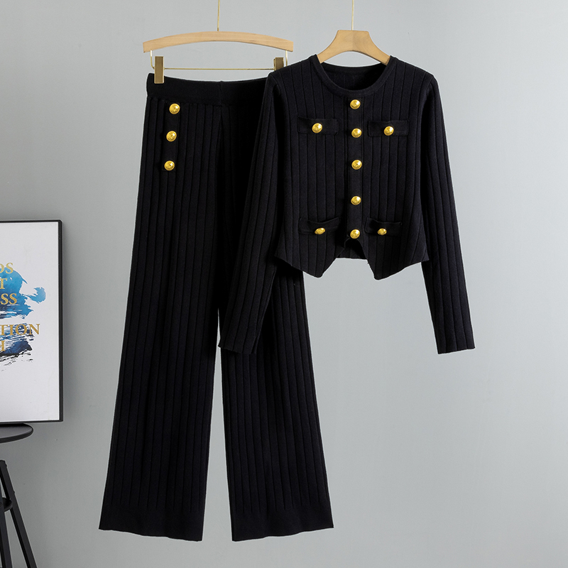 Elegant Fashion OL Winter Suits Women Sleeves Chic Buttons Pullovers+Elastic Long Pants Vintage Sweater Two Pieces Sets