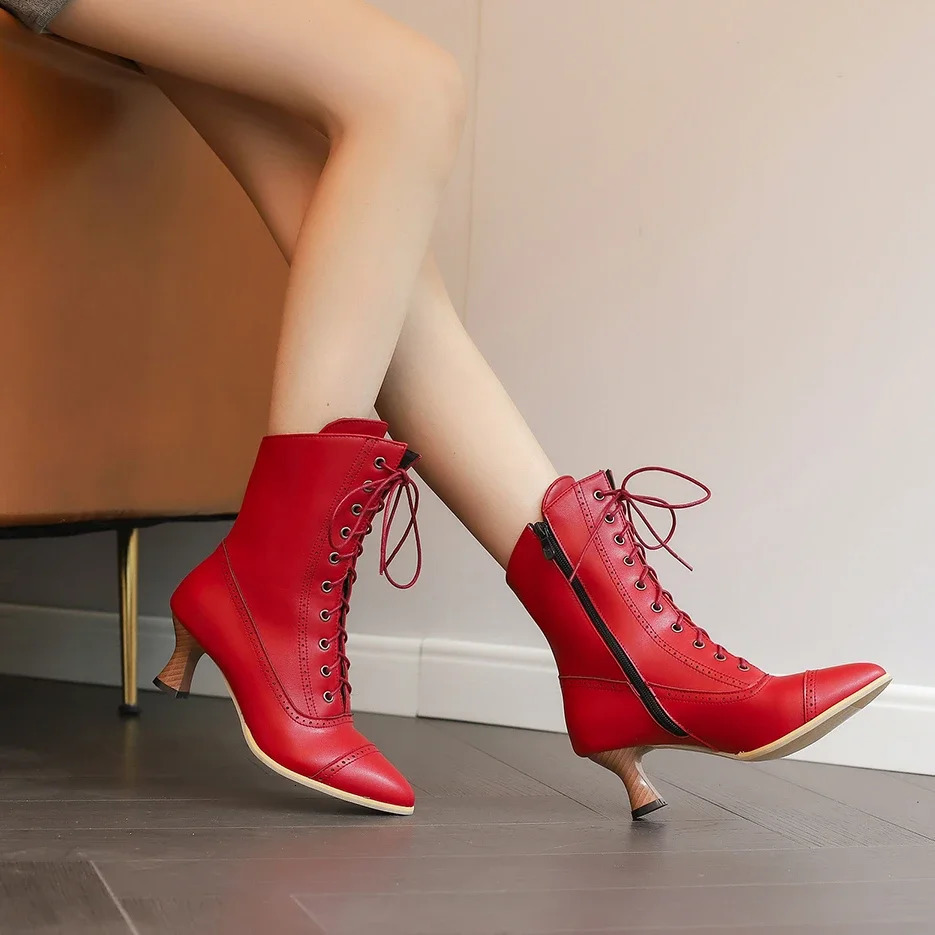 High heeled short boots for women British style knight boots with crossed toes and ankle straps medieval retro boots 241213