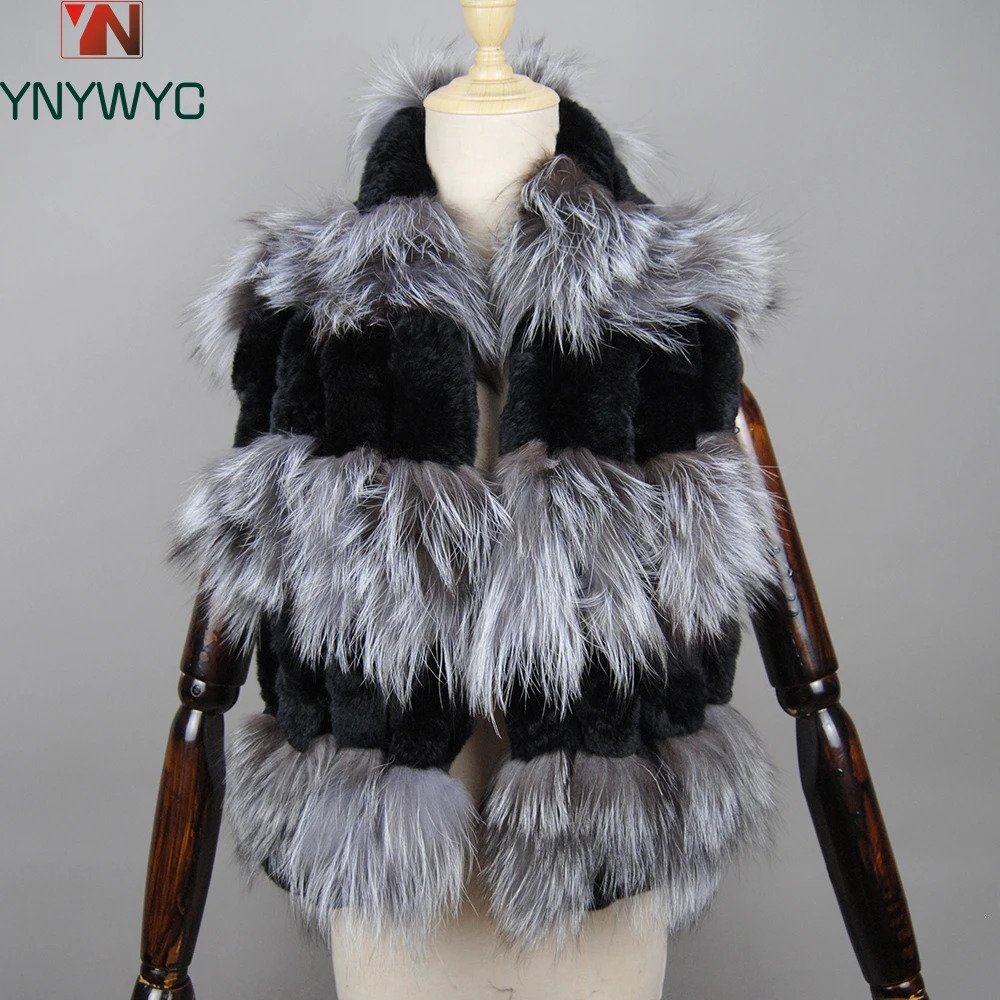 Winter Neck Warmer Femme Knitted Rex Rabbit Fur Scarf With Silver Fox Fur Women Fashion Warm Thick Female Winter Fur Scarves 241220
