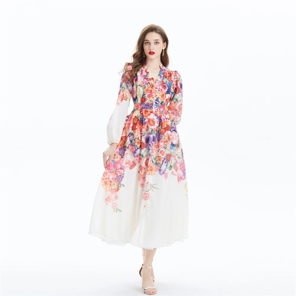 Basic Casual Dresses Women High Street Dresses 2025 Spring Autumn New Stand Lantern Sleeve Print Long Dress Slim Court Style Elegant Chic Vestidos