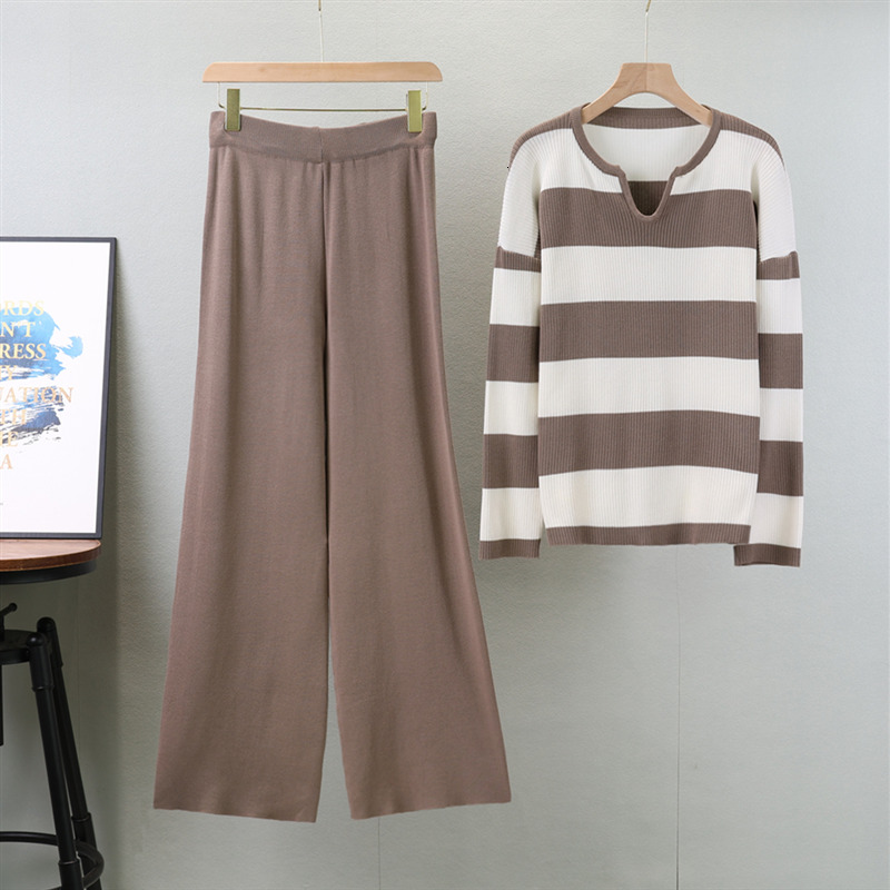 new Autumn New Retro Women Sweater Set Casual Pullovers Suits Striped Knitted Long Sleeve Elegance Tops Elastic Wide Leg Pant