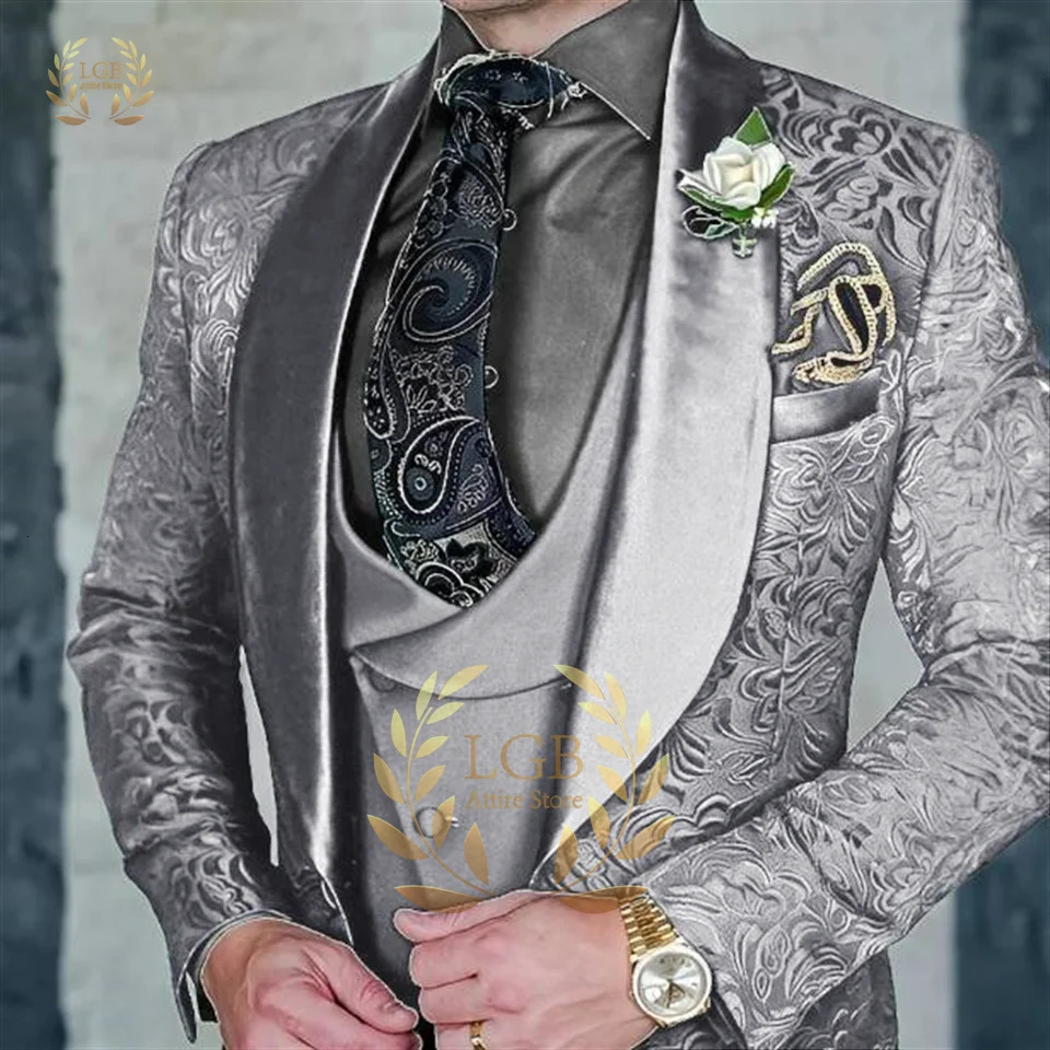 Mens navy blue suit jacket vest trousers 3 piece weddingdinner fashion floral groom clothes 241220