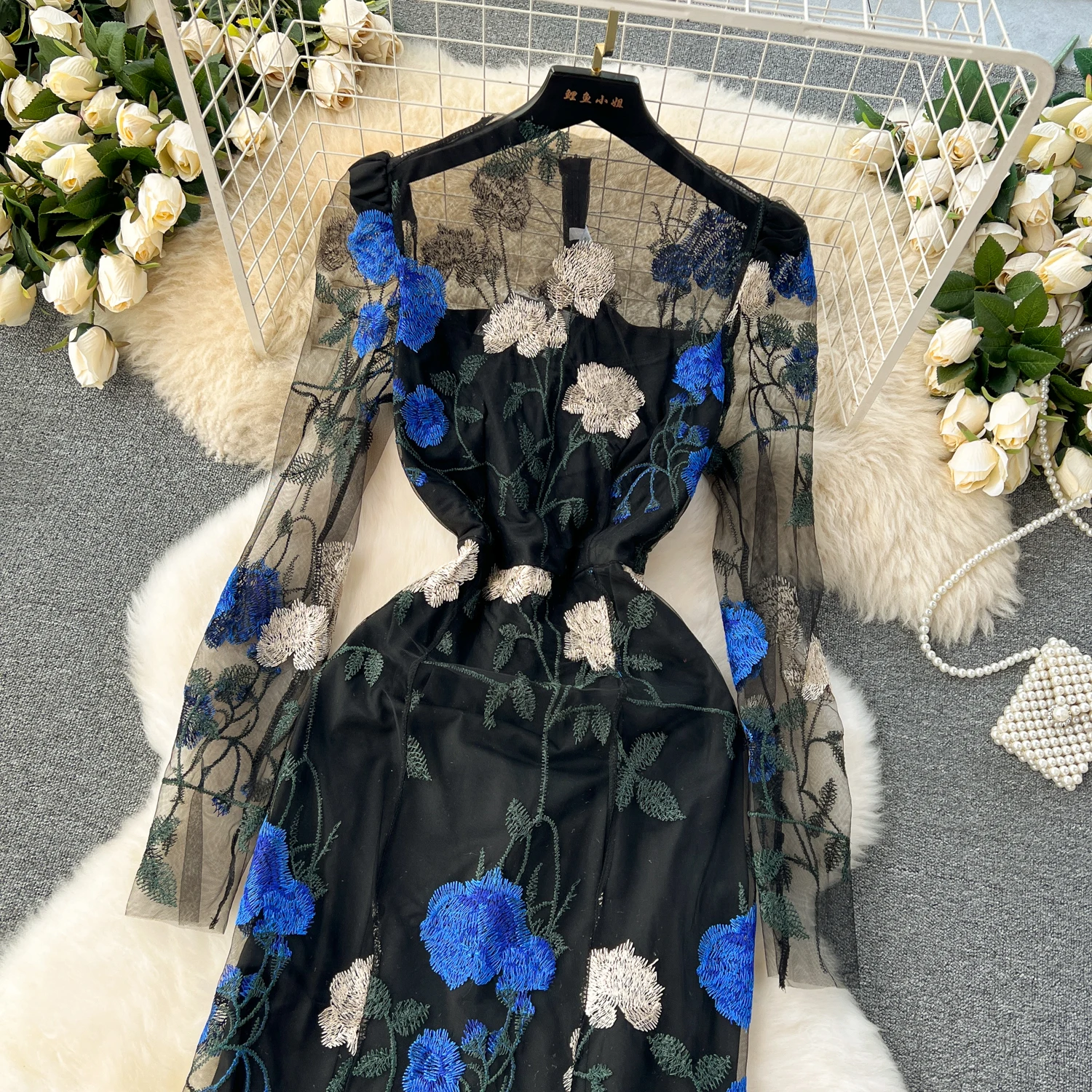 Casual Dresses Sexy Gauze Embroidery Floral Slim Long Sleeve Dress Chic Elegant Vestidos Vintage Summer Spring Women Korean Fashion Dresses 2025