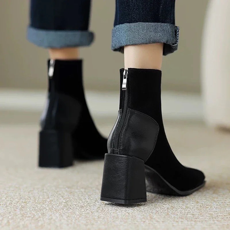 Vintage Square Toe Women Ankle Boots Fashion Back Zippers Short Booties Autumn Winter Ladies Concise Office Thick Heels Shoes 241213