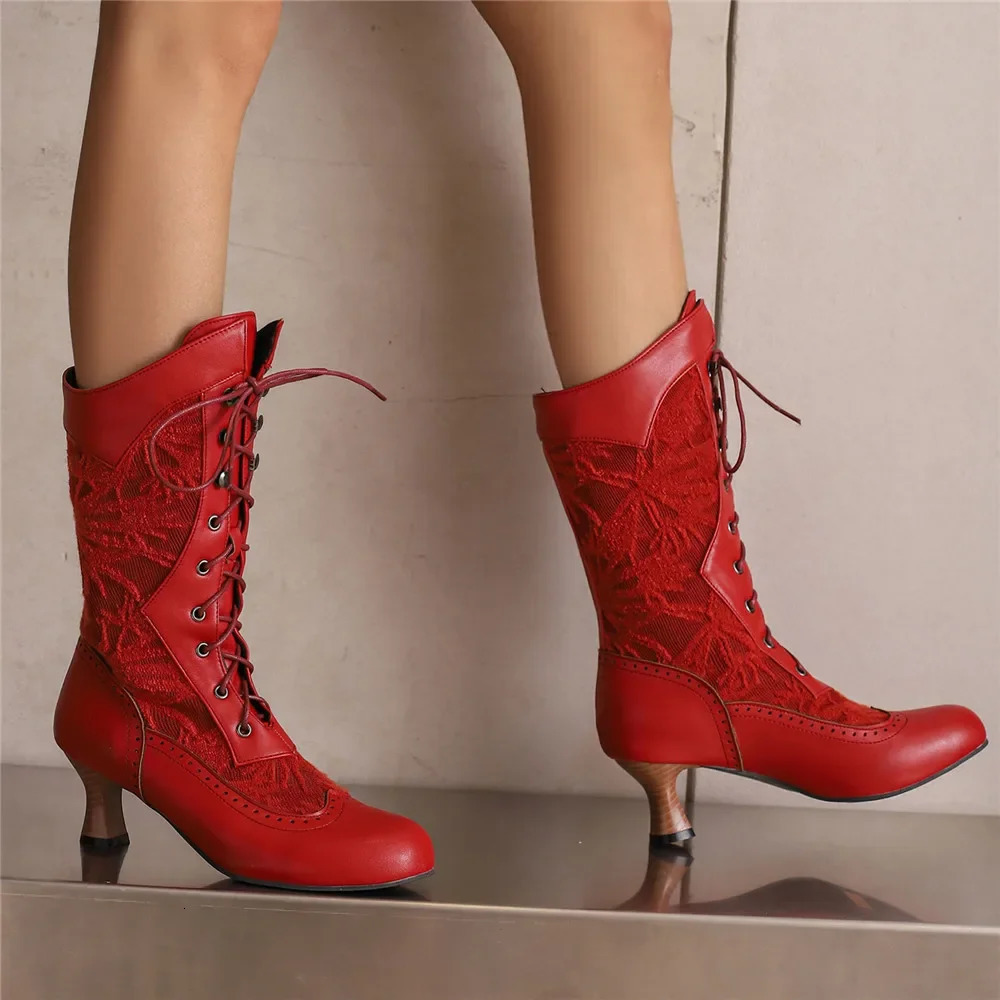 Retro cube high-heeled womens boots Victoria toe mid calf boots with strange steampunk high heels on lace purple shoes 2024 edition 241213