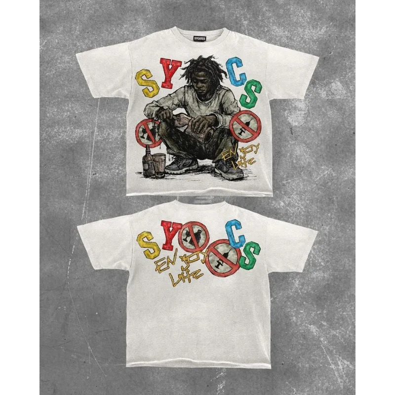 Harajuku Trendy Street High Quality Printed Oversize Couple Tops Hip Hop Wide Edition Casual Gothic Cartoon Tshirts for Men 241217