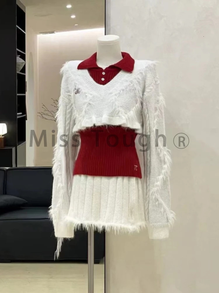Winter Korean Knit Sweet 3 Piece Sets Women Long Sleeve Slim Pullovers Mini Skirt Women Fashion Christmas Party Y2k Suits 241220