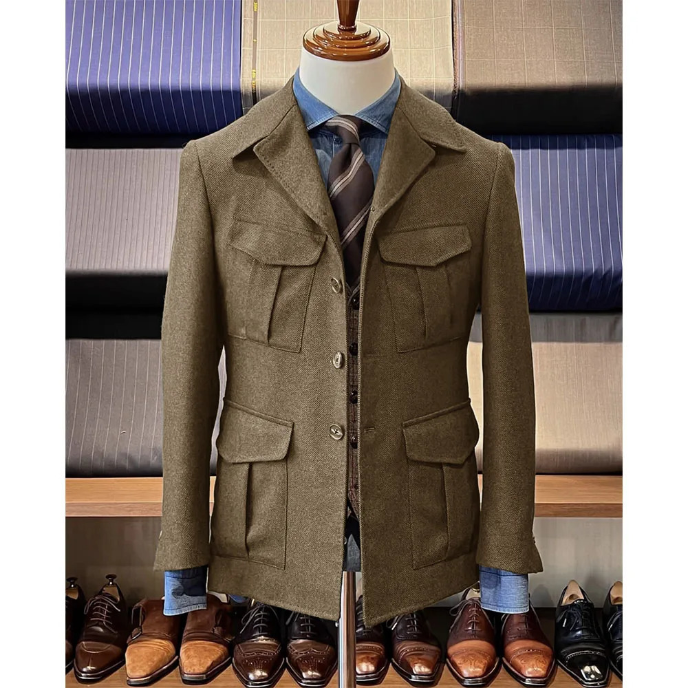 Mens Herringbone Hunting Jacket Casual 4 Pockets Fashion n Vintage Tweed Blazer Single Breasted Comfortable Work 241218