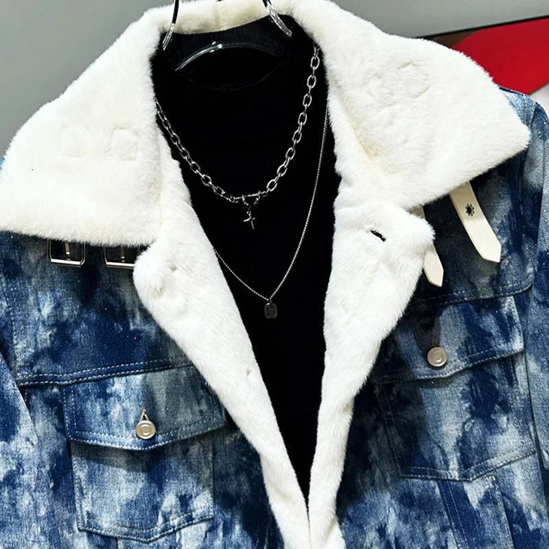 PFHQ Plush n Mens Denim Fur Parka Jacket Sequin Patchwork Contrast Color Long Sleeve Male Tops Streetwear 21Z7713 241216
