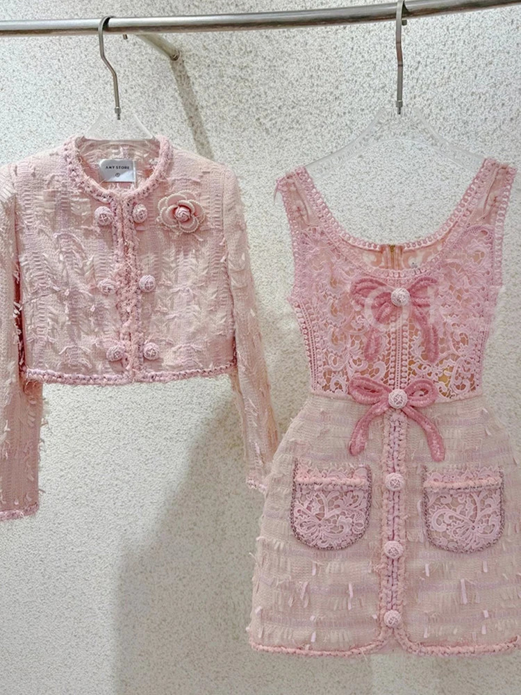DEAT Elegant 2piece Set 3D Floral Coarse Felt Short Coat Sliding Bow Aline Dress Party 2025 Spring Style 35Z1414 241211