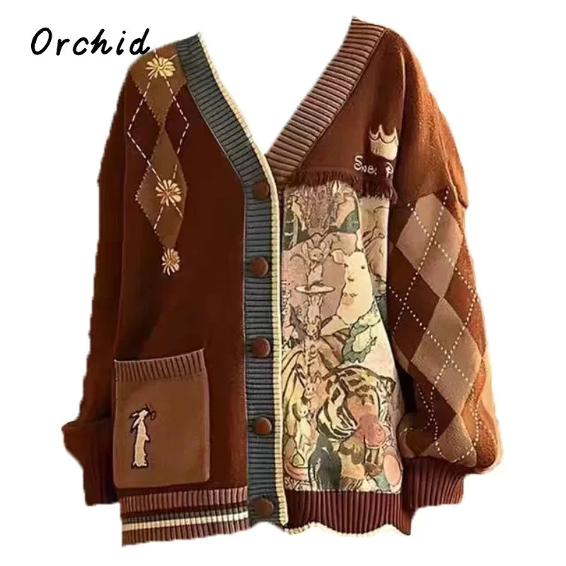 Stylish Vintage Oversized Cardigan Sweater Renaissance Style Loose Knitwear Harajuku Cartoon Knitted Coats Female Clothing 241220
