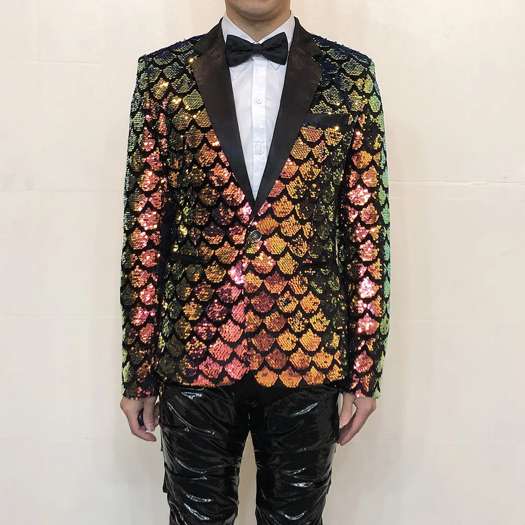 Mens Shiny Sequin Blazers Jacket Host Singer Stage Performance Clothes Nightclub Male Party Glitter Tuxedo Coat 241218