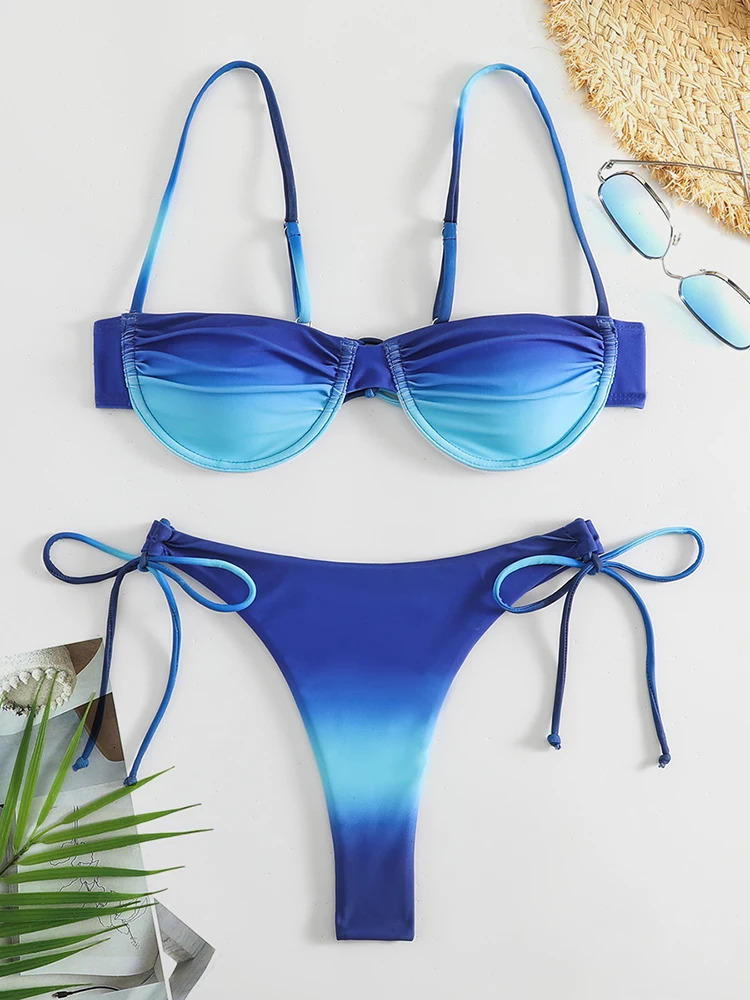 Fashion Pleated Drawstring Beach Wear Summer Bow Bikini 2-piece Swimsuit Swimsuit Women's Sexy Gradient Bikini Designer Set