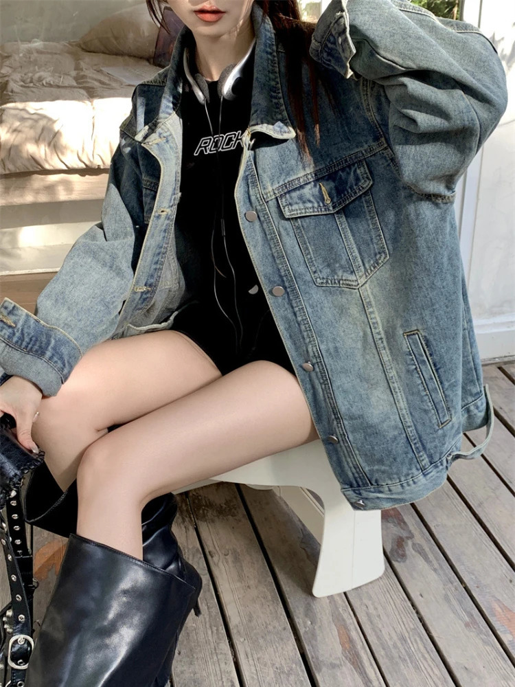 Denim jacket womens retro BF autumn coat street fashion womens Korean fashion trend street clothing Y2k coat aesthetics Ins 241219