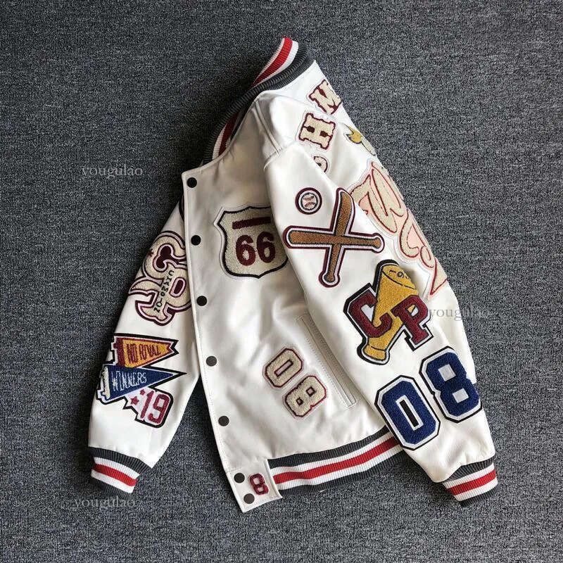 Autumn and Winter New Top Coat Leather Baseball Jacket Mens Genuine Leather Fashion Leather Jacket Heavy Industry Embroidery White Short Coat ins 2408