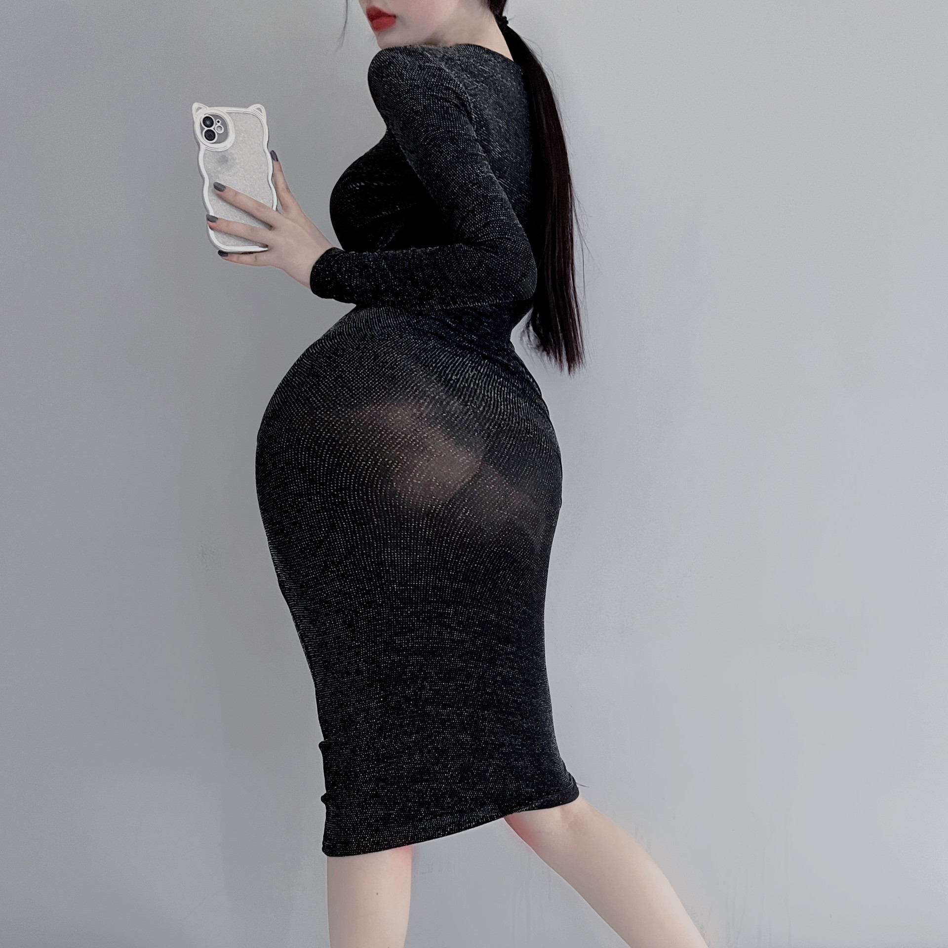 S720 women's outdoor skirt French bright silk slim dress that covers the hips
