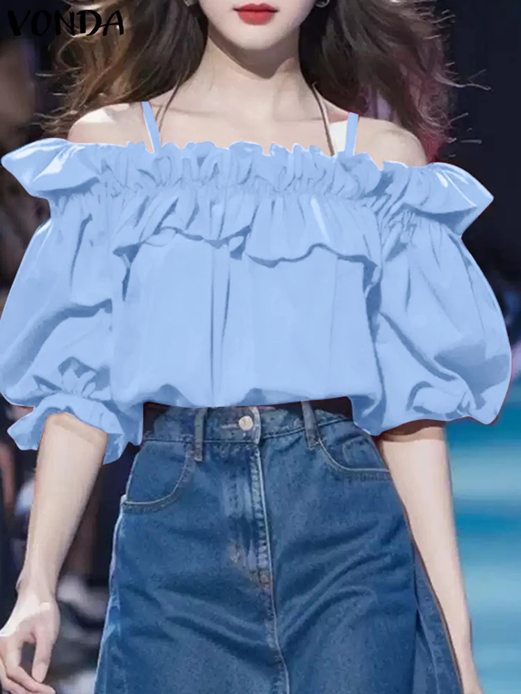 VONDA Fashion Women Blouses Casual Puff Sleeve Ruffled Tops Bohemian Solid Color Blusas Party Off The Shlouder Tunics 241218