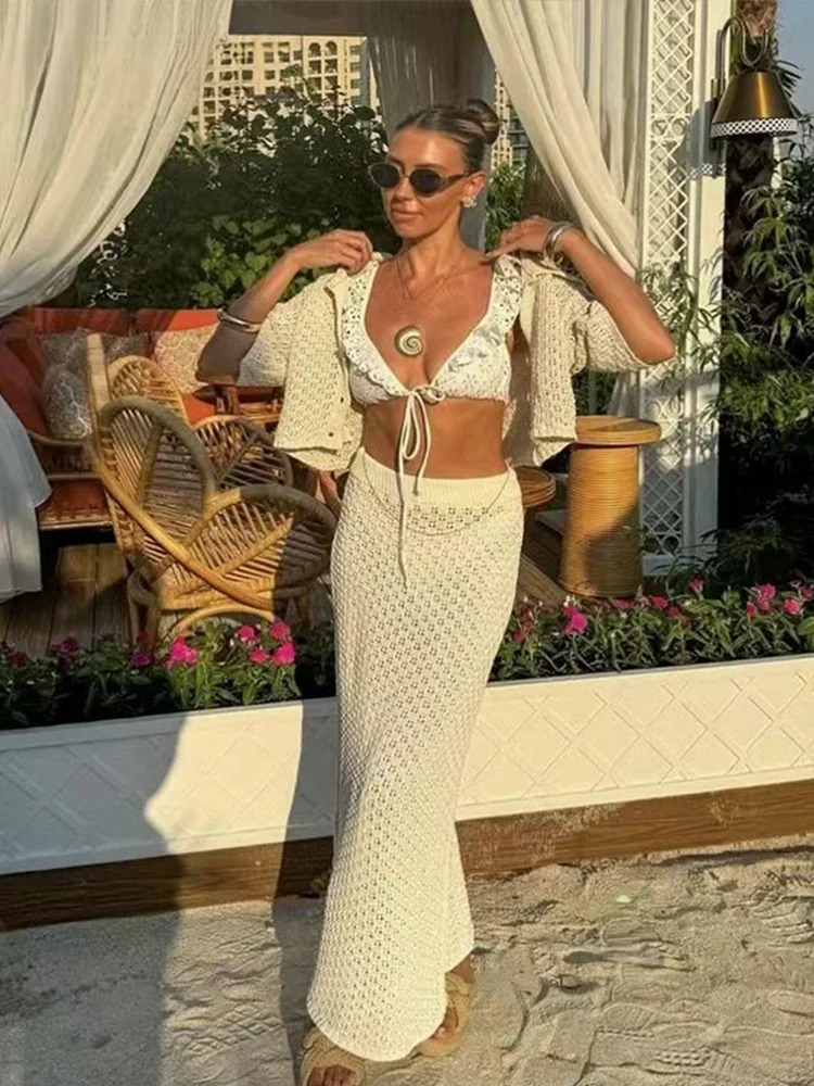 Knit Sexy Hollow Out Cardigan Skirt Suit Women Slim Single Breasted Short Sleeve Top Long Skirts Female Summer Beach Outfit