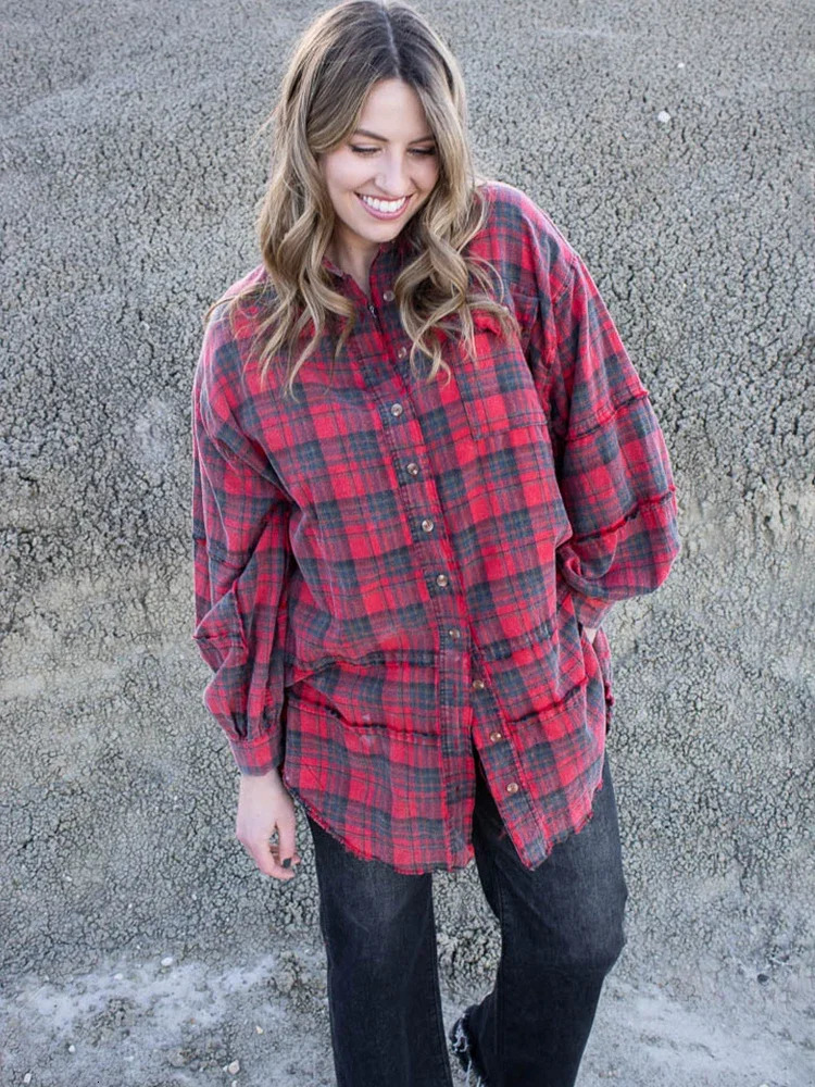 Vintage Oversized Long Shirt Fashion Lapel Womens Blouse Tops Sleeve Plaid Lady 2025 Autumn Women Clothing 241218