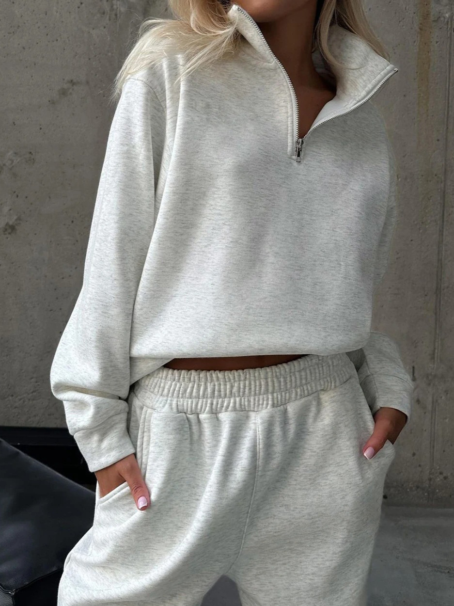 Autumn Women's Tracksuit With Zipper Cotton Oversize White Casual Two Piece Set Classic Sports Trouser Suits For Women