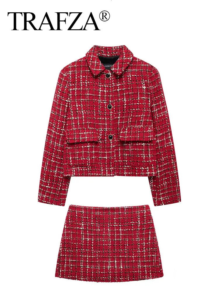 TRAFZA Womens Coarse Felt Jacket Set with Collar Long Sleeve 2024 Autumn CoatElegant Mini Skirt Suitable for Culottes Clothing High Street 241211