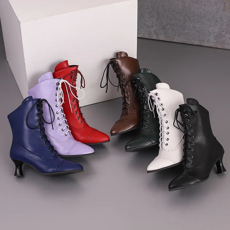 Plus size winter Victoria ankle boots womens high kitten boots red blue black retro Fretwork zipper toe boots 241213