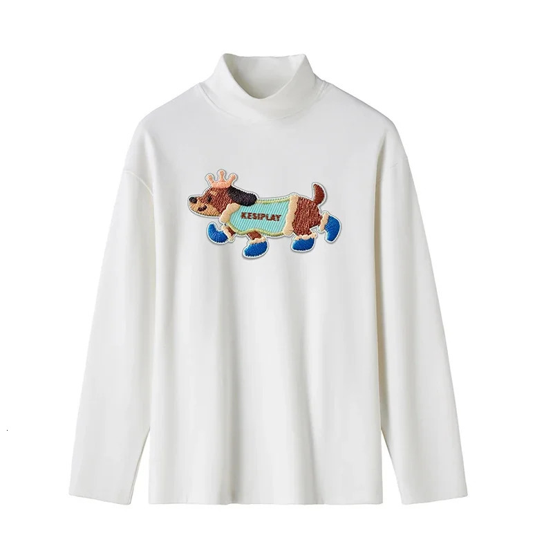 Korean Style ed Cartoon Puppy Long Sleeve TShirt Autumn Winter Half Turtleneck Bottom Shirt Men Women Knitted Top 241217
