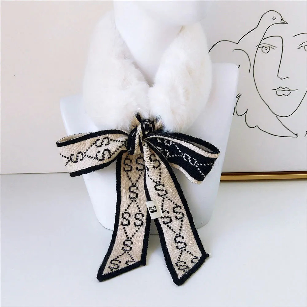 Winter Thick Warm Faux Rabbit Fur Neck Collar Scarf Neckerchief Women Houndstooth Knitted Scarfs for Ladies D195 241220