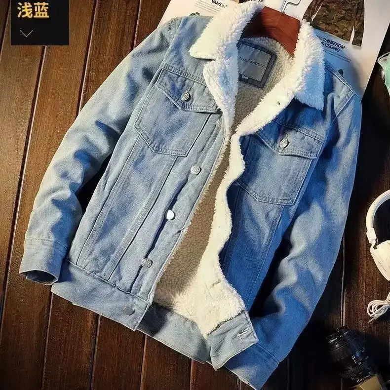 American Vintage Loose-fit Denim Jacket Lamb Wool Fleece Lining Casual Style For Men Trendy Autumn Winter Japanese Workwear 241216
