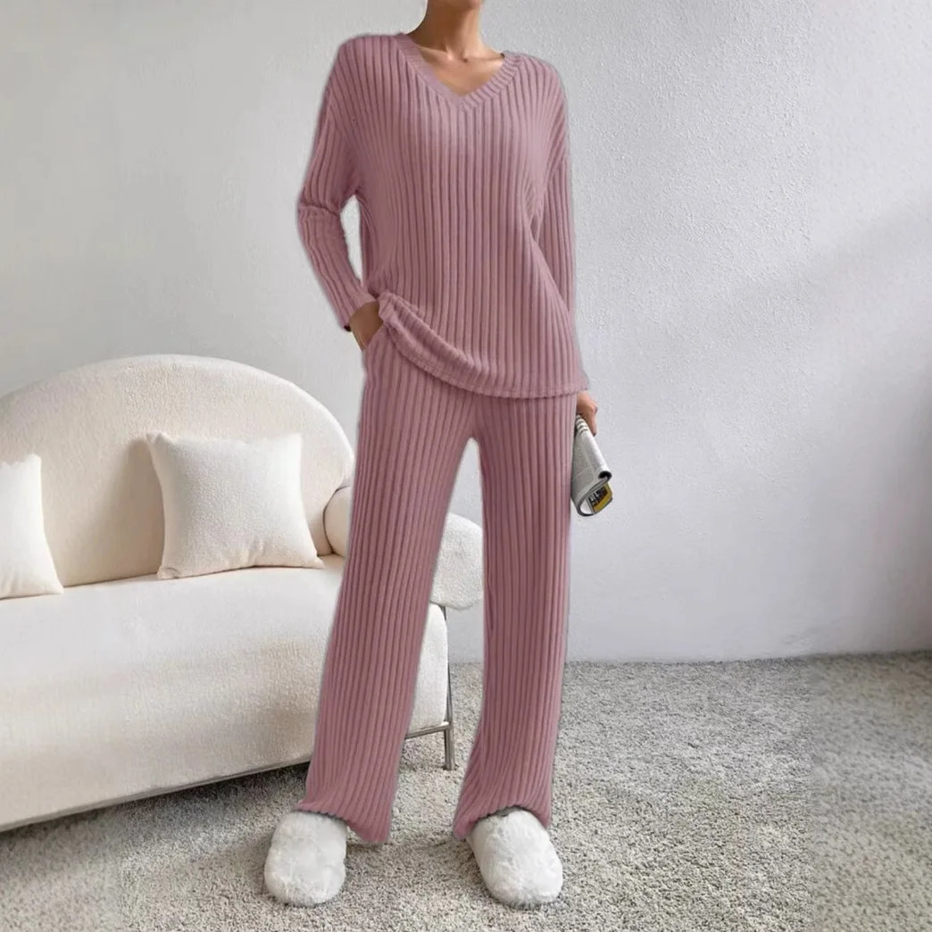 Fashion Casual Vneck Long Sleeve Loose Womens Pants Set Two Piece 241211